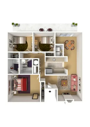 Elegant 3D floor plan showcasing three spacious bedrooms, cozy living room, modern kitchen, and stylish dining area with patio access.