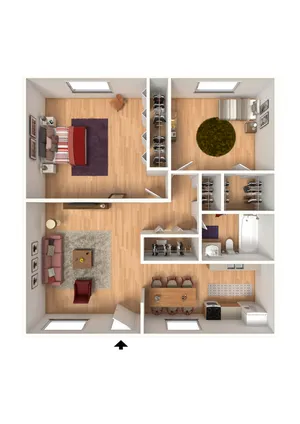 Modern 3D floor plan showcasing 2 bedrooms, an inviting living room, and a functional open kitchen with elegant dining space.