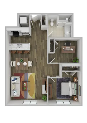 Modern 3D floor plan showcasing a stylish 1-bedroom apartment with a cozy living room, functional office space, and sleek kitchen layout.