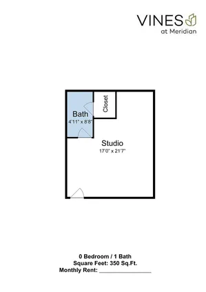 Efficient studio floor plan at Vines at Meridian featuring an open living area with a compact bath and closet, perfect for modern living, 350 sq ft.