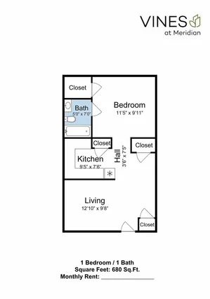 Charming floor plan of a cozy 1-bedroom apartment at Vines at Meridian, featuring a well-defined living area, modern kitchen, and spacious bath in 680 sq ft.