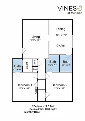Vines at Meridian floor plan showcasing 2 bedrooms, 2.5 baths, a spacious living room, dining area, and modern kitchen, perfect for comfortable living. Total area: 1030 sq ft.