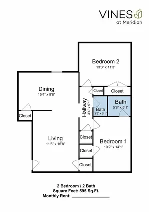 Vines at Meridian floor plan showcasing a compact 2 bedroom, 2 bath layout with an open dining and living area, perfect for modern living. Total area: 595 sq. ft.