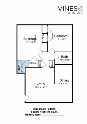 Elegant floor plan of Vines at Meridian showcasing 2 bedrooms, 2 modern baths, spacious living and dining areas, covering 875 sq ft.