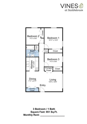 Inviting 3-bedroom floor plan at Vines at Saddlebrook features a cozy living room, versatile dining area, and a functional kitchen, all within 951 sq. ft of modern comfort.