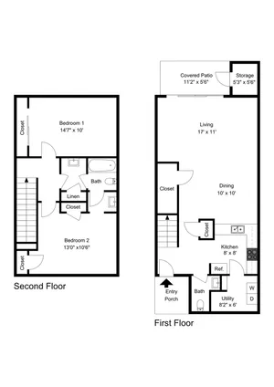 Charming two-story floor plan featuring 2 bedrooms, 1.5 baths, and a cozy living area with covered patio access.