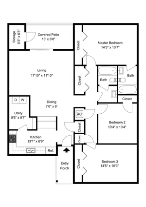 Inviting floor plan showcasing 3 cozy bedrooms, spacious living room with covered patio, and modern kitchen perfect for entertaining.