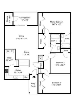 Modern 2D floor plan showcasing spacious 3-bedroom layout, open living area, and cozy covered patio.