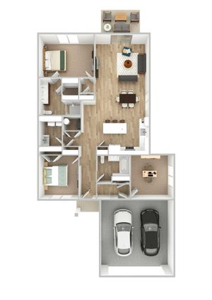 Modern floor plan featuring 2 spacious bedrooms, a cozy living room, and an inviting open-concept kitchen with breakfast bar. Includes a dual garage, a dedicated home office, and a charming outdoor patio.
