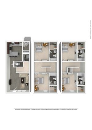Modern 3D floor plan showcasing a three-bedroom townhouse with open-concept living and dining area, modern kitchen, two bathrooms, and in-unit laundry.
