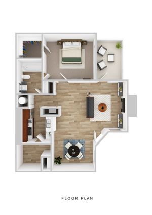 Modern floor plan showcasing a spacious one-bedroom apartment with a cozy living area, open kitchen, stylish dining space, and a private balcony.