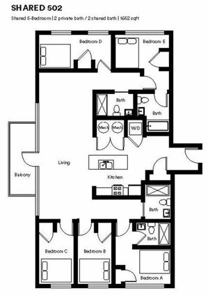 Spacious 5-bedroom layout with 2 private and 2 shared baths, featuring an open kitchen and living area with balcony access, covering 1652 sq ft.