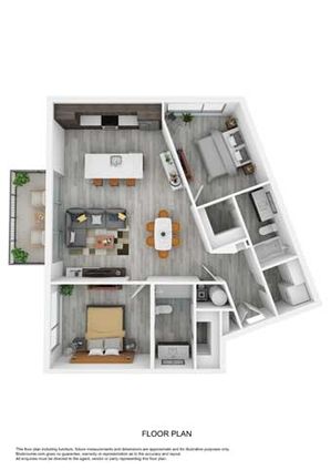 Modern 3D floor plan showcasing an open-concept layout with 2 bedrooms, inviting living area, elegant kitchen, and private balcony.