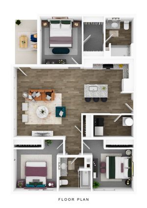Modern 2D floor plan showcasing two elegant bedrooms, open living area with stylish furnishings, sleek kitchen with island, and two bathrooms, ideal for contemporary living.
