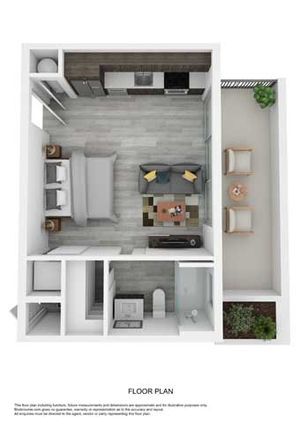 Compact studio apartment layout featuring a stylish bedroom, living area, kitchenette, and outdoor patio.