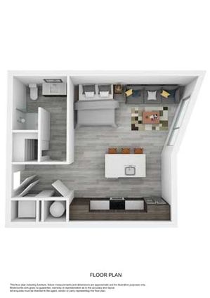 Elegant 3D floor plan featuring a studio layout with a bedroom area, open-concept kitchen, and cozy living space.