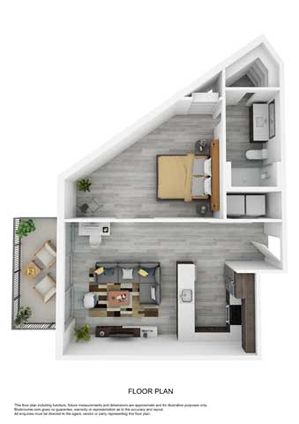 Innovative floor plan displaying 1 bedroom, a stylish open-concept living and kitchen area, and a tranquil outdoor patio space.