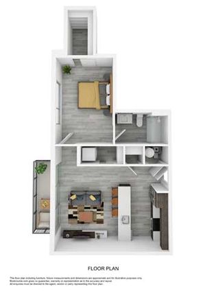 Modern 3D floor plan featuring a spacious bedroom, cozy living room, compact kitchen, and balcony.