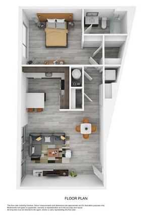 3D floor plan of a chic apartment with 1 bedroom, a modern kitchen, and an inviting living-dining area.