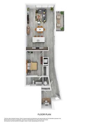 3D floor plan depicting a sleek two-bedroom apartment with an open kitchen and living room, featuring a cozy balcony.