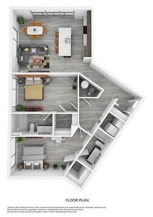 Innovative floor plan featuring a spacious bedroom, modern kitchen, open-concept living and dining area, and a multifunctional bathroom.