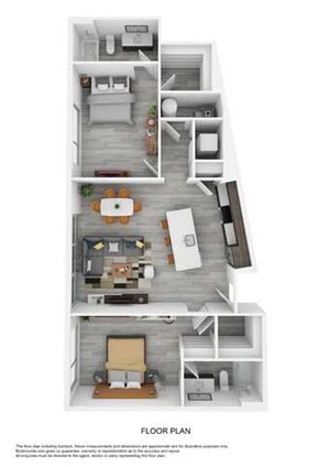 Contemporary 3D floor plan featuring 1 bedroom, an open kitchen-living area, and a modern bathroom.