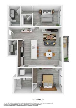 Chic floor plan depicting 2 bedrooms, an expansive open living area, and a modern kitchen with island.