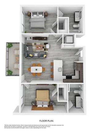 3D floor plan showcasing 2 bedrooms, open kitchen, living area, and balcony.