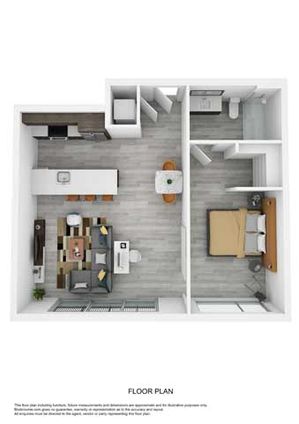 Modern 3D floor plan showing a single bedroom, open living dining area, and sleek kitchen.