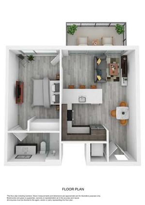 Modern 3D floor plan showcasing a spacious bedroom, elegant bathroom, open-concept living and dining area, and a cozy balcony with plants.