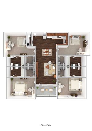 Modern 3D floor plan showcasing 3 bedrooms, a spacious open-concept living and dining area, sleek kitchen, and cozy balcony space.