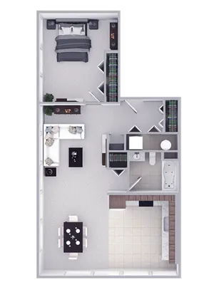 Elegant 2D floor plan showcasing a cozy bedroom, chic living room, modern kitchen, and sleek bathroom layout.