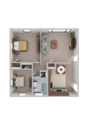 Charming 3D floor plan showcasing 2 bedrooms, a stylish living area, and a modern kitchen with an inviting dining space.