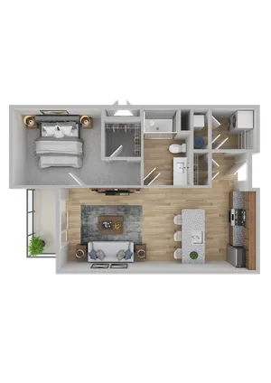 Elegant 2D floor plan showcasing a modern one-bedroom apartment with a spacious living area, sleek kitchen, and private balcony.