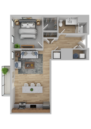 Modern 1-bedroom apartment floor plan featuring an open-concept living area, sleek kitchen with bar seating, and a stylish bathroom, designed for urban comfort.