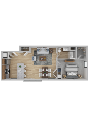 Chic 2D floor plan illustrating a modern 1-bedroom apartment with open-concept living area, stylish kitchen, and luxurious bathroom.