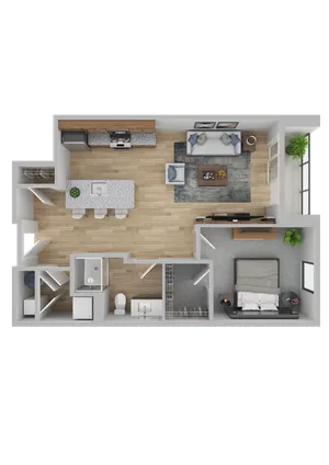 Modern 1-bedroom apartment floor plan with open-concept living area, stylish kitchen with breakfast bar, and spacious bedroom with ample closet space.