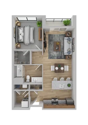 Modern 1-bedroom apartment floor plan featuring an open-concept living and dining area, elegant kitchen, and spacious bathroom.