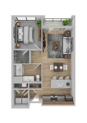 Modern 1-bedroom apartment floor plan with a spacious living area, sleek kitchen, and a stylish bathroom.