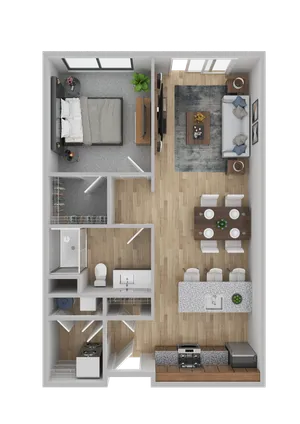 Contemporary 1-bedroom apartment floor plan featuring a spacious open-concept living area and elegant kitchen with modern finishes.
