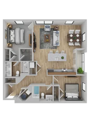 Modern 3D floor plan featuring two bedrooms, a stylish living area, and open kitchen with dining space, ideal for contemporary living.