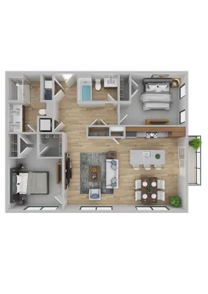 Modern floor plan showcasing 2 bedrooms, open living room, sleek kitchen and dining area, ideal for urban living.
