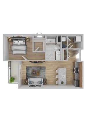 Modern 2D floor plan showcasing a spacious one-bedroom layout with open-concept living room, elegant kitchen, and balcony access.