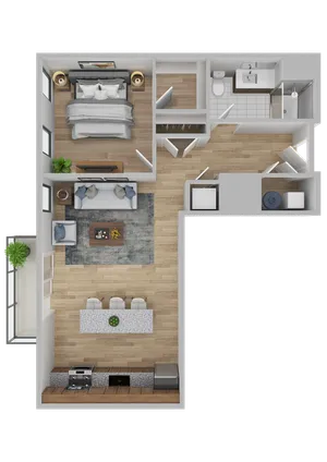Modern L-shaped floor plan featuring a spacious bedroom, elegant living area, open kitchen with island seating, and a stylish bathroom.