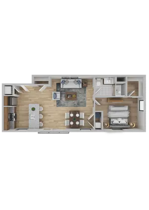 Modern floor plan showcasing 1 bedroom, an open-concept living room, and a sleek kitchen with a breakfast bar.