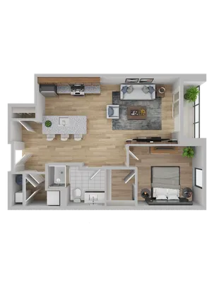 Modern 1-bedroom apartment floor plan featuring a spacious open-concept kitchen and living area, inviting dining island, cozy bedroom, and contemporary bathroom.