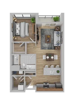 Modern 1-bedroom apartment floor plan featuring an open-concept living and dining area, stylish kitchen with island, and spacious bathroom.