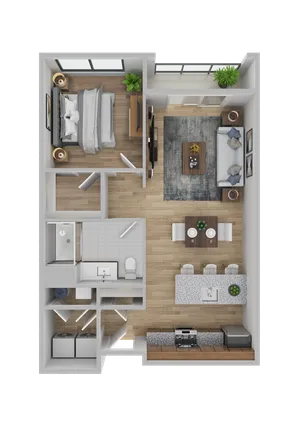 Modern 1-bedroom apartment floor plan featuring an open-concept living and dining area, sleek kitchen with island, and stylish bathroom.