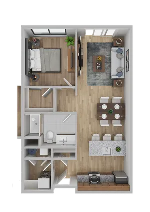 Modern 3D floor plan showcasing a cozy 1-bedroom apartment with an open-concept living and dining area, elegant kitchen, and stylish bathroom.
