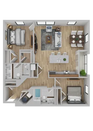 Contemporary floor plan showcasing 2 cozy bedrooms, stylish open-concept living and dining area, and a sleek modern kitchen.